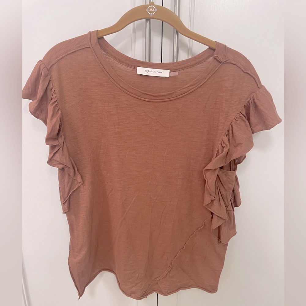 Cute Top Ruffle Sleeve T-Shirt Tee Casual Brown Size Small